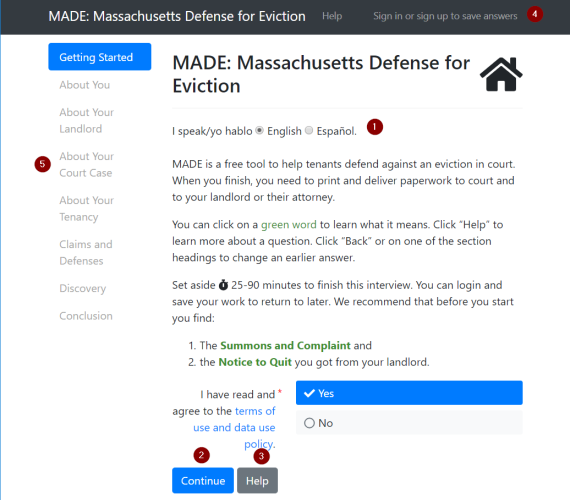Introductory screen of MADE, showing language selection, continue, help, and login buttons, as well as progress and navigation elements.
