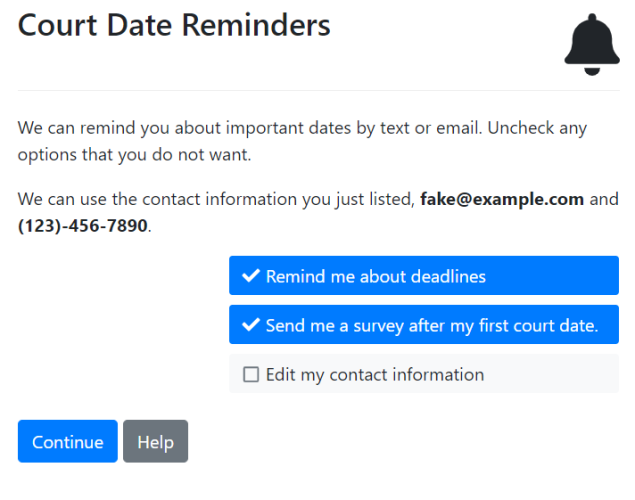Screenshot of court date reminders on MADE website